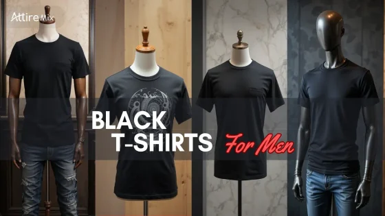Various black t-shirts for men, including plain and graphic designs.