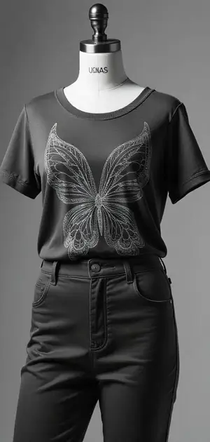 Black T-shirt with a large embroidered butterfly design