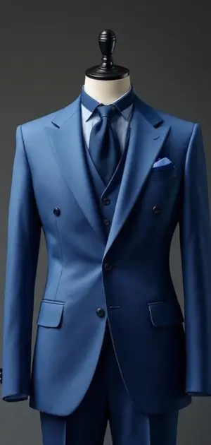A medium blue double-breasted suit with matching vest and dark tie on a mannequin.