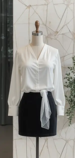 White V-neck blouse with cuffed sleeves, styled with a black skirt and sheer tie.