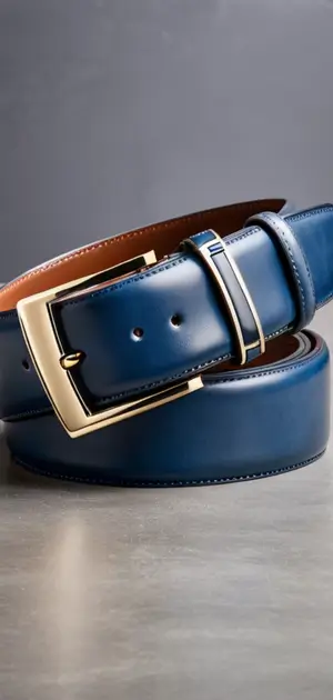 Dark blue leather belt with brown lining and gold buckle