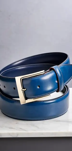 Deep blue leather belt with gold buckle.