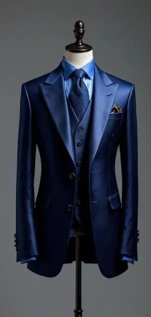 A glossy dark blue suit with a textured tie and yellow pocket square on a mannequin