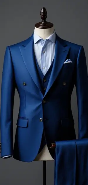 A vibrant blue double-breasted suit with a light blue shirt on a mannequin