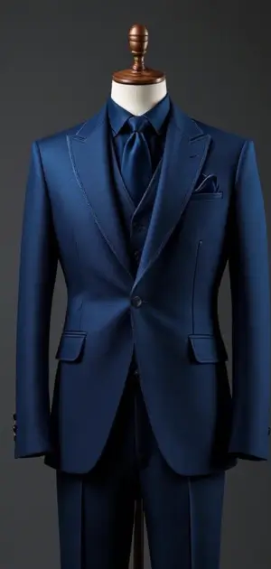 A sharp navy blue suit with a sleek, tailored fit on a mannequin