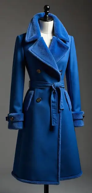 Royal blue faux shearling coat with a belted waist.
