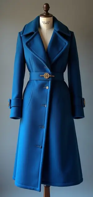 Royal blue tailored coat with a statement belt.