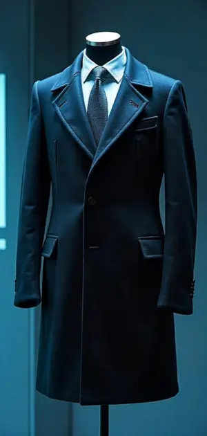 A deep blue single-breasted overcoat with a slim fit and notch lapels.