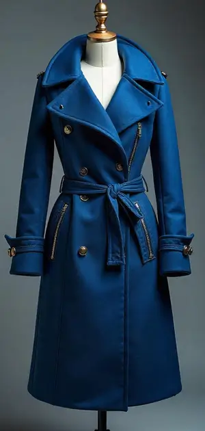 Navy blue double-breasted trench coat with gold accents