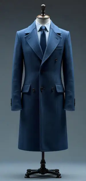 A structured blue double-breasted overcoat with peak lapels and black buttons.
