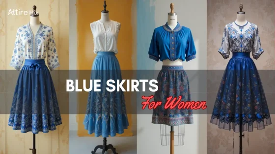 Four mannequins showcasing different blue skirts with various tops.