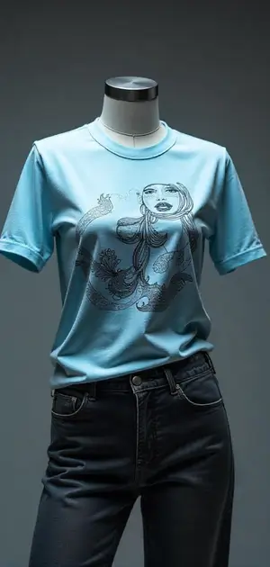 Blue graphic T-shirt with a mermaid illustration, styled with black jeans