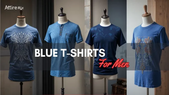 Four blue t-shirts displayed on mannequins, showcasing stylish designs.