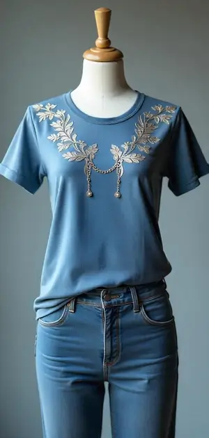 Blue embroidered T-shirt styled with denim jeans