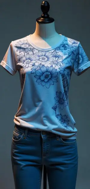 Light blue floral-printed T-shirt styled with blue jeans.