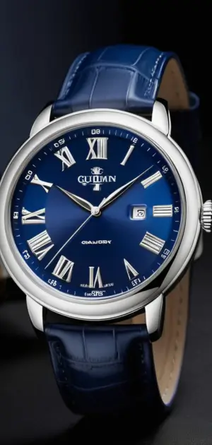 Blue dial watch with silver casing and Roman numerals