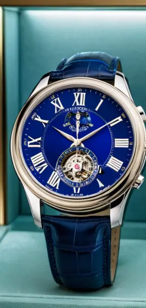 Blue and silver automatic watch with a tourbillon movement.