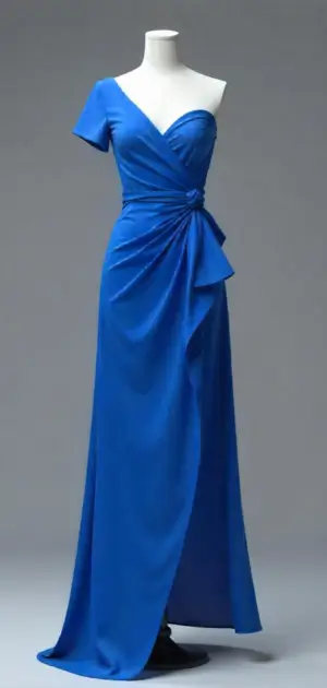 Royal blue one-shoulder wrap gown with a ruched waist and draped side detail.