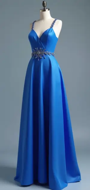 Stunning blue satin gown with embellished straps and waist detail