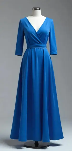 Elegant blue wrap maxi dress with three-quarter sleeves and a belted waist