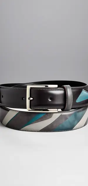 A black leather belt with a bold geometric design.
