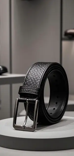 A textured black leather belt with a silver buckle.