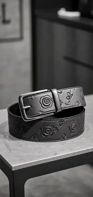 A black leather belt with embossed floral patterns.