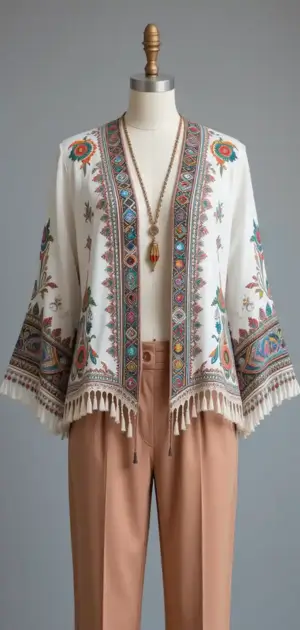 vintage-style floral embroidered bohemian jacket with tassel details