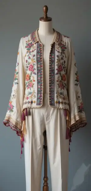 A white bohemian-style jacket with intricate embroidery and fringe details