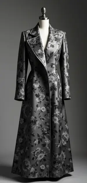 Long black satin floral coat with a dramatic silhouette