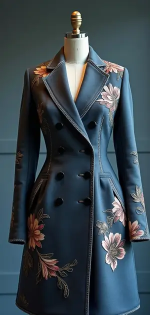 Navy blue embroidered double-breasted coat.