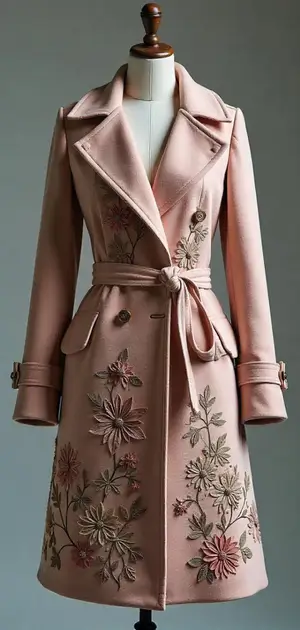 Blush pink embroidered trench coat with floral details