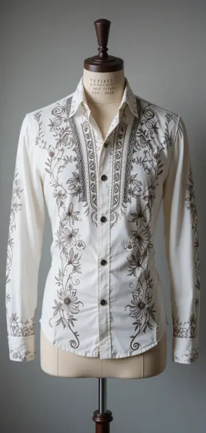 White dress shirt with brown floral embroidery and an elegant fit.