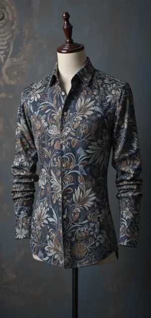 Navy blue bohemian dress shirt with elegant floral patterns.