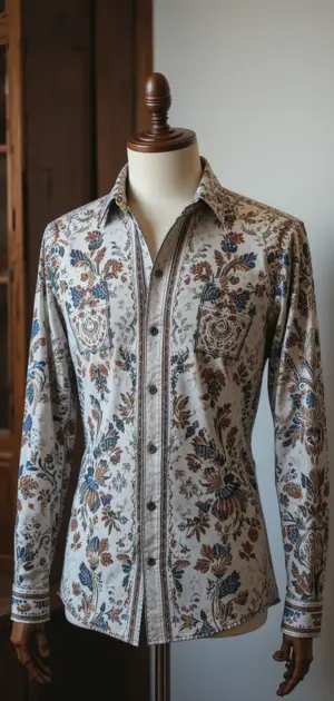 White dress shirt with blue floral embroidery and stylish chest pockets.