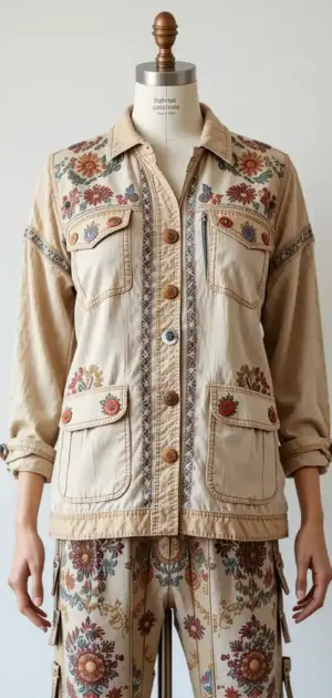 Beige embroidered jacket with floral patterns and matching pants on a mannequin.