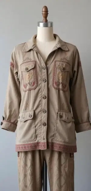 Khaki embroidered jacket with subtle patterns and matching pants on a mannequin.