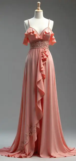 Peach maxi dress with off-shoulder ruffle sleeves and floral applique at the waist