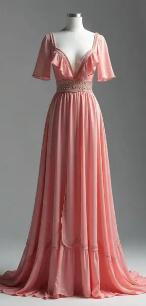 Soft peach maxi dress with short flutter sleeves and a deep V-neckline.