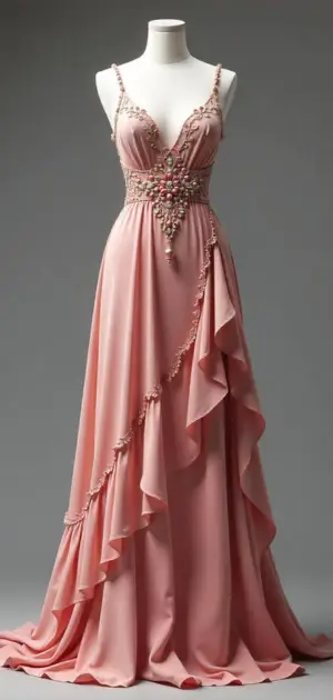Peach maxi dress with intricate embroidery, beaded embellishments, and ruffle accents