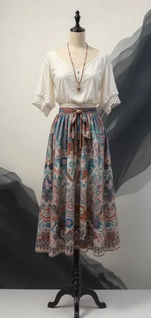A breezy bohemian skirt with a comfortable tie waist and subtle patterns.