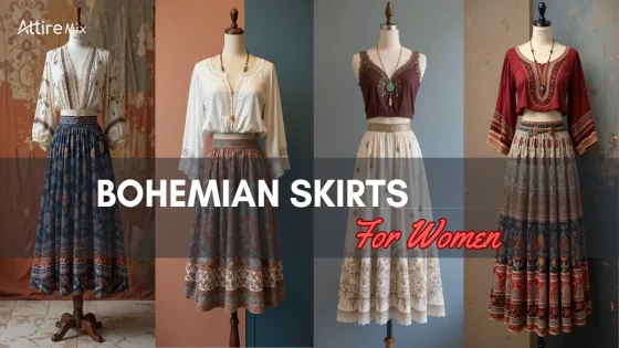 A variety of bohemian skirts displayed on mannequins in a stylish collage.
