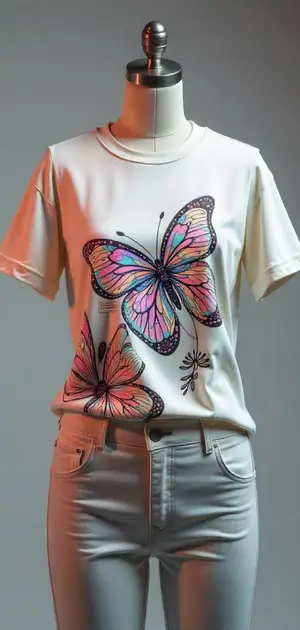 Cream T-shirt with large, colorful butterfly prints