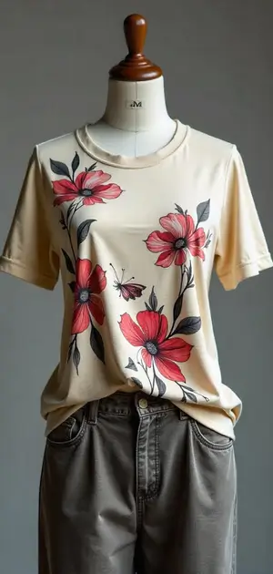 White T-shirt with a vibrant floral bouquet print.