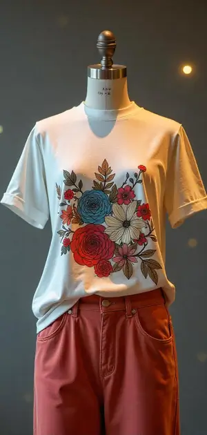 Beige T-shirt with large red flowers and a butterfly