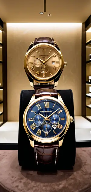 Dual-display gold watches with navy and champagne dials on a luxury stand.