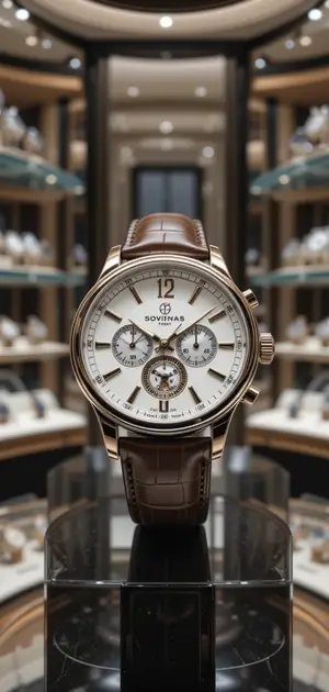 Classic silver and brown leather chronograph watch in a luxury store.