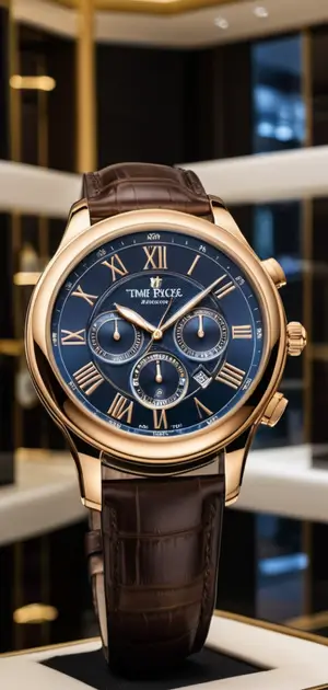 Elegant navy and gold chronograph watch with a brown leather strap.