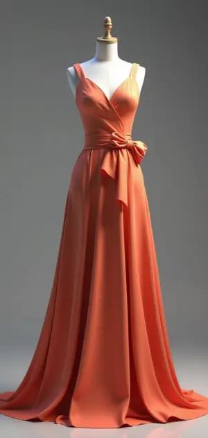 Vibrant orange sleeveless gown with a V-neckline and bow accent at the waist.