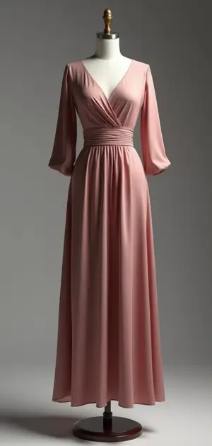 Soft pink long-sleeved wrap dress with a flowing, floor-length skirt